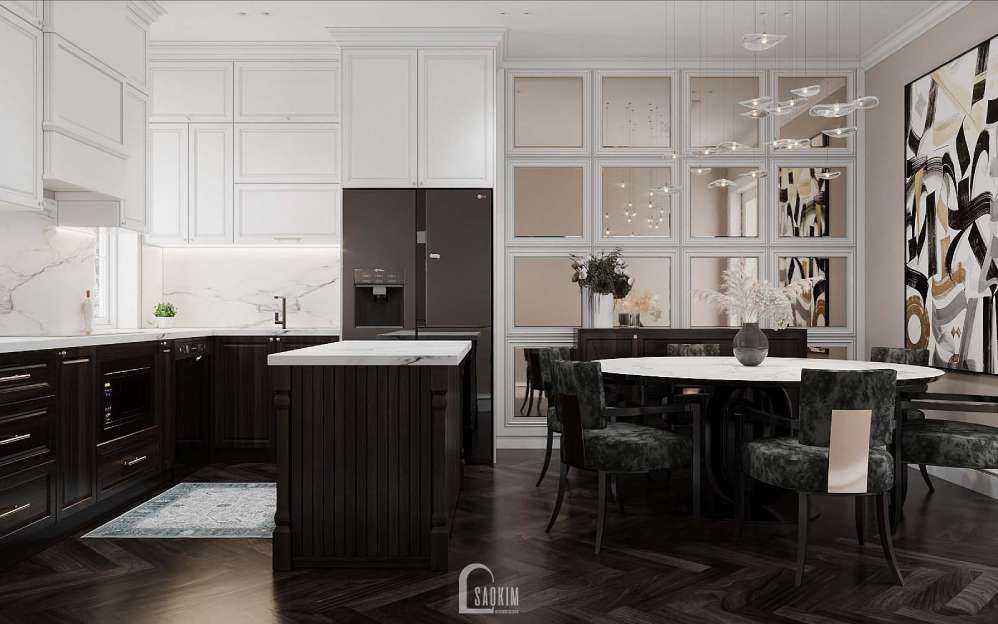 Thiết kế nội thất phòng bếp nhà 3 tầng phong cách Tân Cổ Điển mang vẻ đẹp thời gian bước vào từng góc sống
